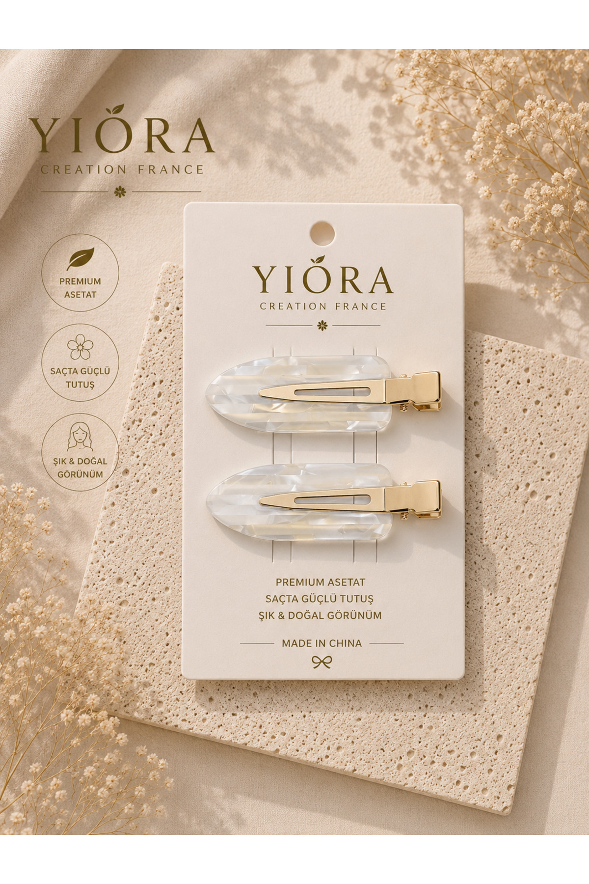 yiora Kadın Premium Sedefli 2'li İz Yapmayan Saç Makyaj Cilt Bakımı Klips Toka Seti