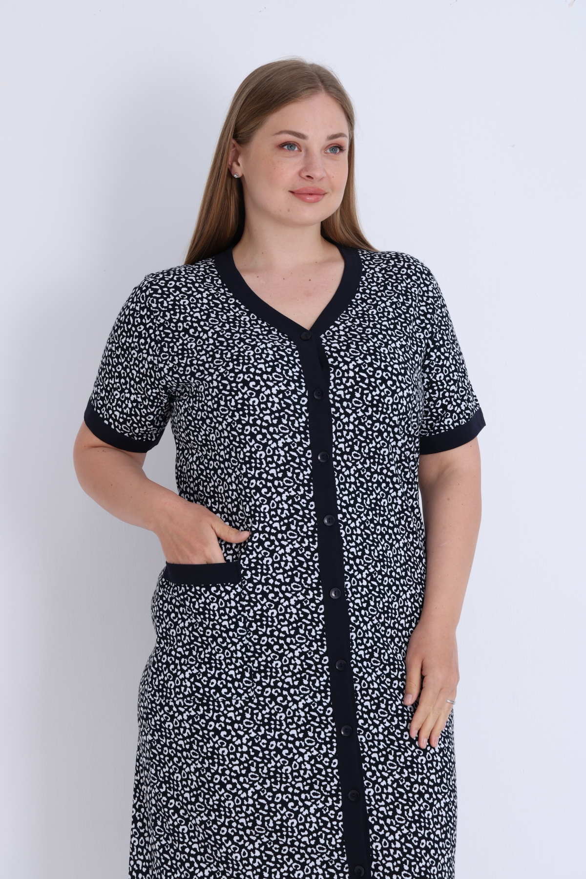 ROMEO LİFE Kadın Büyük Beden %100 Pamuklu Penye Kumaş Düğmeli Yazlık Elbise / Leopar-Laci 4180 görsel 6