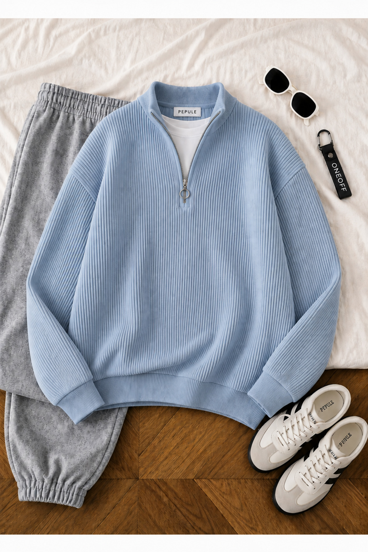 oneoff Erkek Selanik Örme Yarım Fermuarlı Triko Kazak Dik Yaka Kışlık Kalın Dokulu Modern Fit Premium