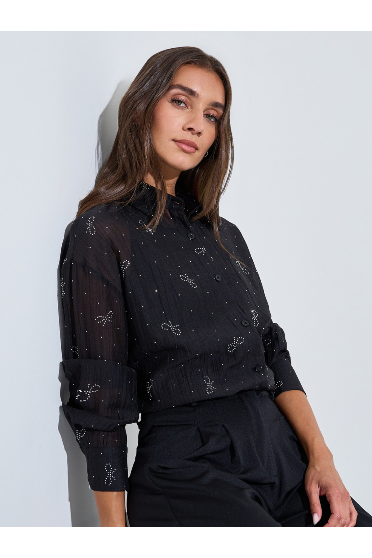 Styli Black Bow Embellished Long Sleeves Oversized Shirt