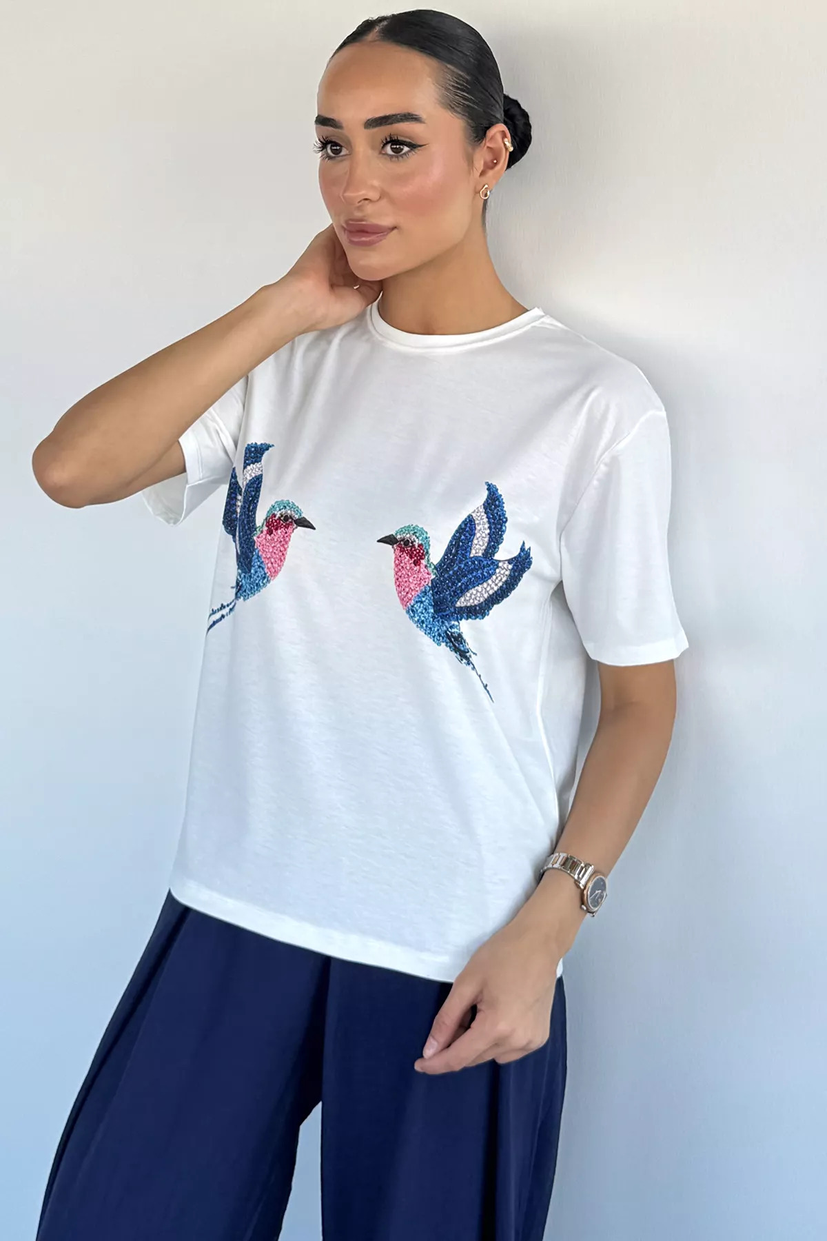 Aryena White Women's Bird Printed T-Shirt