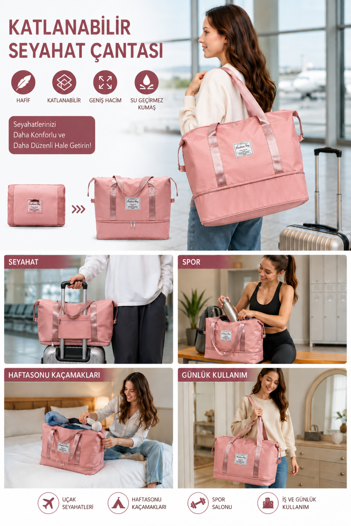 Doori Katlanabilir Seyahat Çantası - Geniş Hacimli Spor çantası - Market Alışveriş Çantası - Bebek çantası - Anne Çantası - Plaj çantası