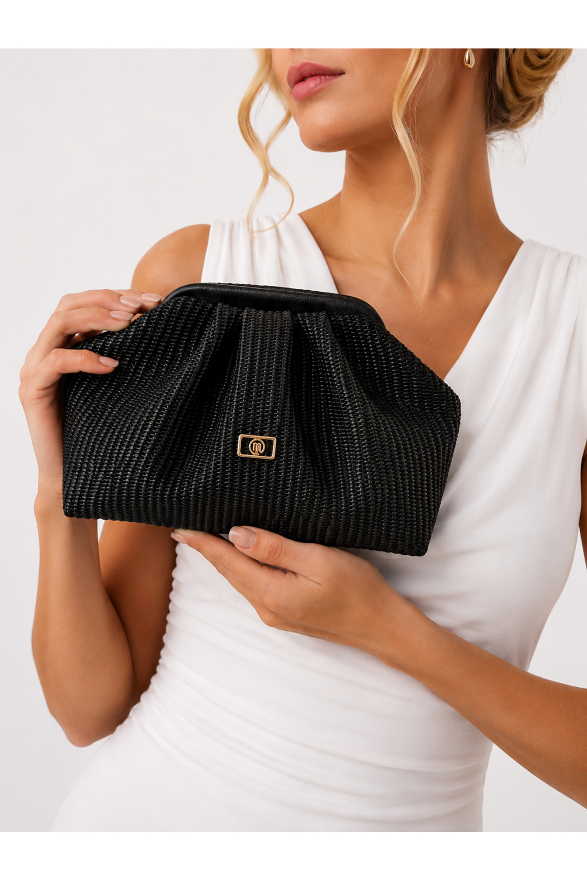 mossi Siyah Örgü Hasır Görünümlü Suni Deri Clutch Günlük Ve Abiye Kadın Çantası görsel 2