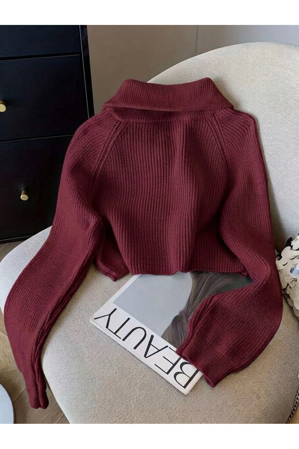 POİNE Kadın Devrik Yaka Oversize Selanik Örgü Fermuarlı Triko Kazak görsel 3