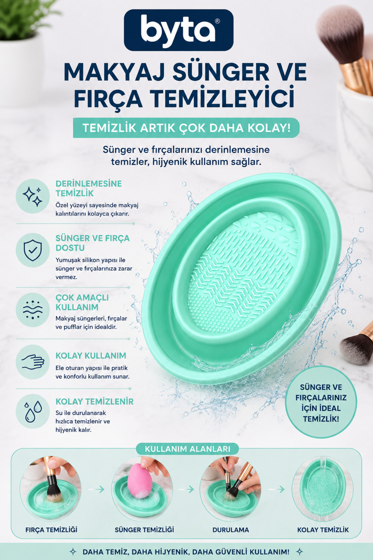 BYTA Makyaj Süngeri ve Fırça Temizleme Aparatı – Çok Yüzeyli Silikon Makyaj Fırçası Temizleme Pedi — BYTA-AYK-001