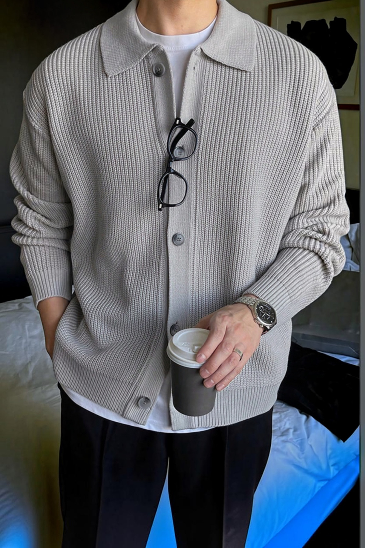 Erkek Polo Yaka Oversize Triko Hırka — خاکستری TRİKO-HIRKA