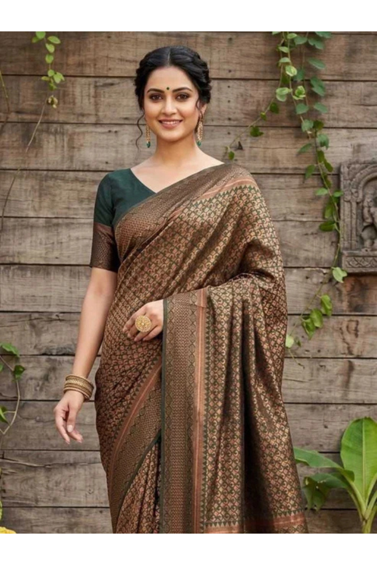 MYSMAR Dark Brown & Copper Zari Banarasi Soft Silk Saree - MAF3158-Dark-Brown-Size-0