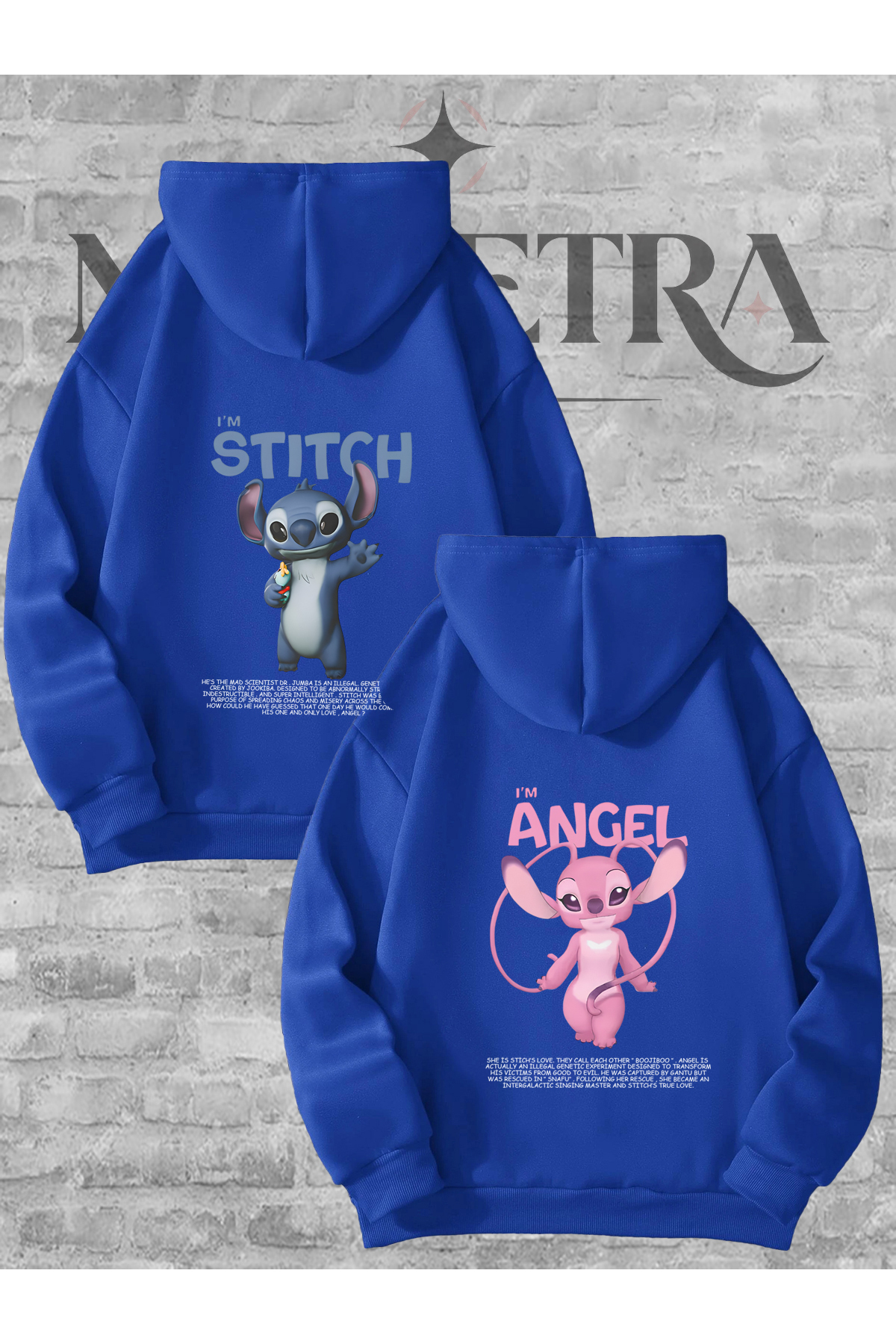 Modetra Women Men Unisex Angel Lilo Stitch Printed Back Print Lover Couple Combination Hooded Sweatshirt 2-Piece Set