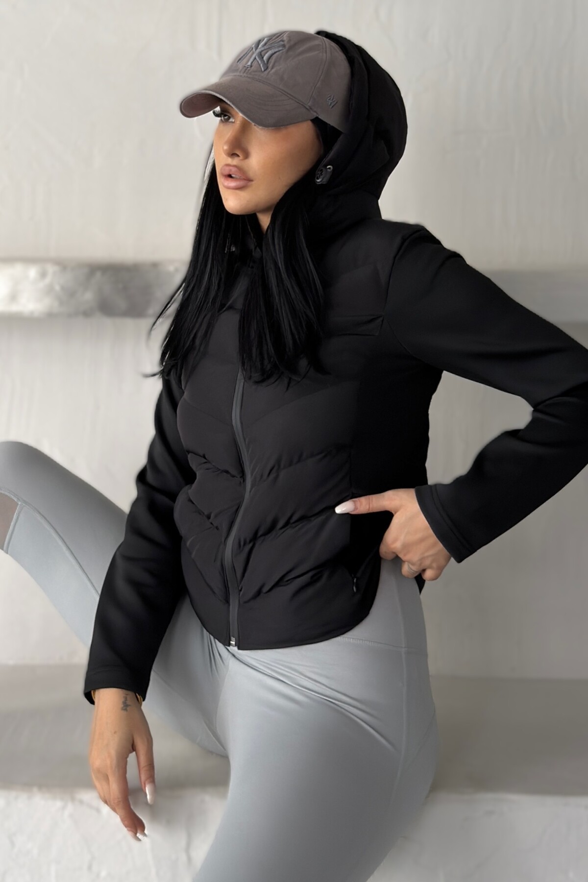 moda armanc Kadın Kapüşonlu Range Rover Mom Şişme Slim Fit Ceket görsel 7