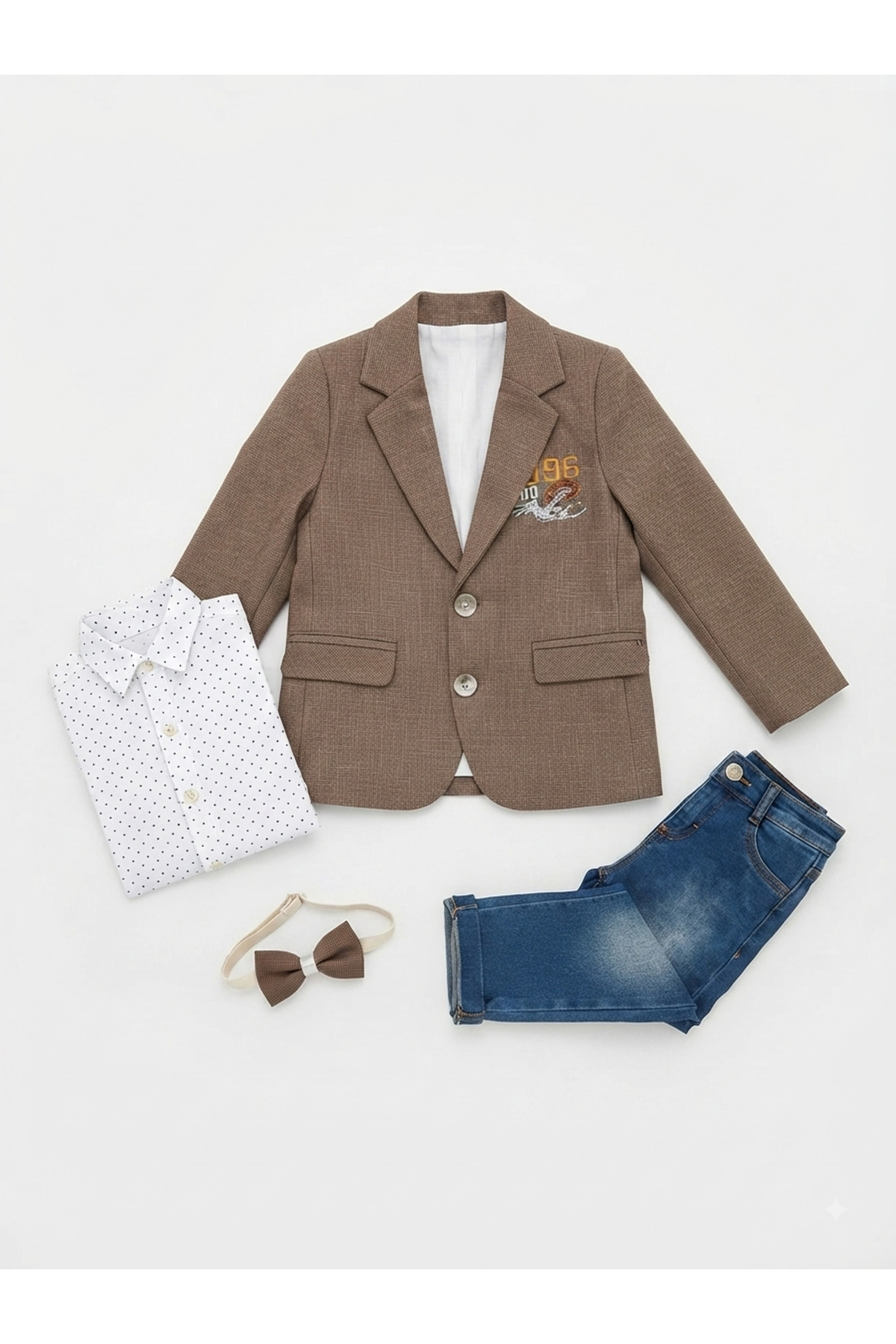 Minik mooda Boys' 4 Piece Suit Set Jacket Shirt Jean Pants Bow Tie Stylish Combination