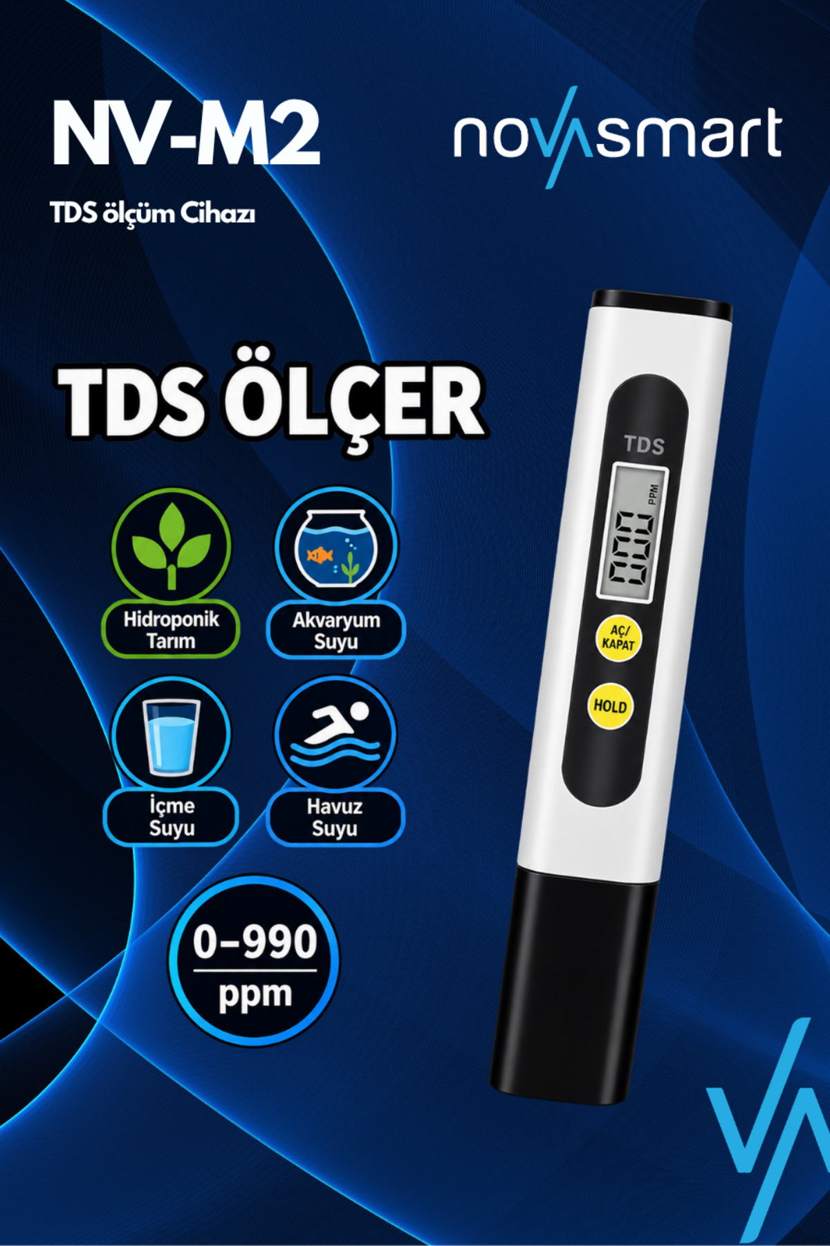NV-TDSM2 متر دیجیتال TDS – دستگاه اندازه‌گیری کیفیت آب ۰–۹۹۰ ppm