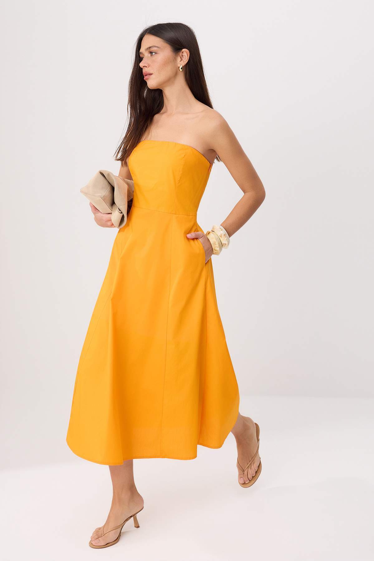 Trendyolmilla Turuncu Straplez Poplin Maxi Dokuma Elbise TWOSS26EL00422