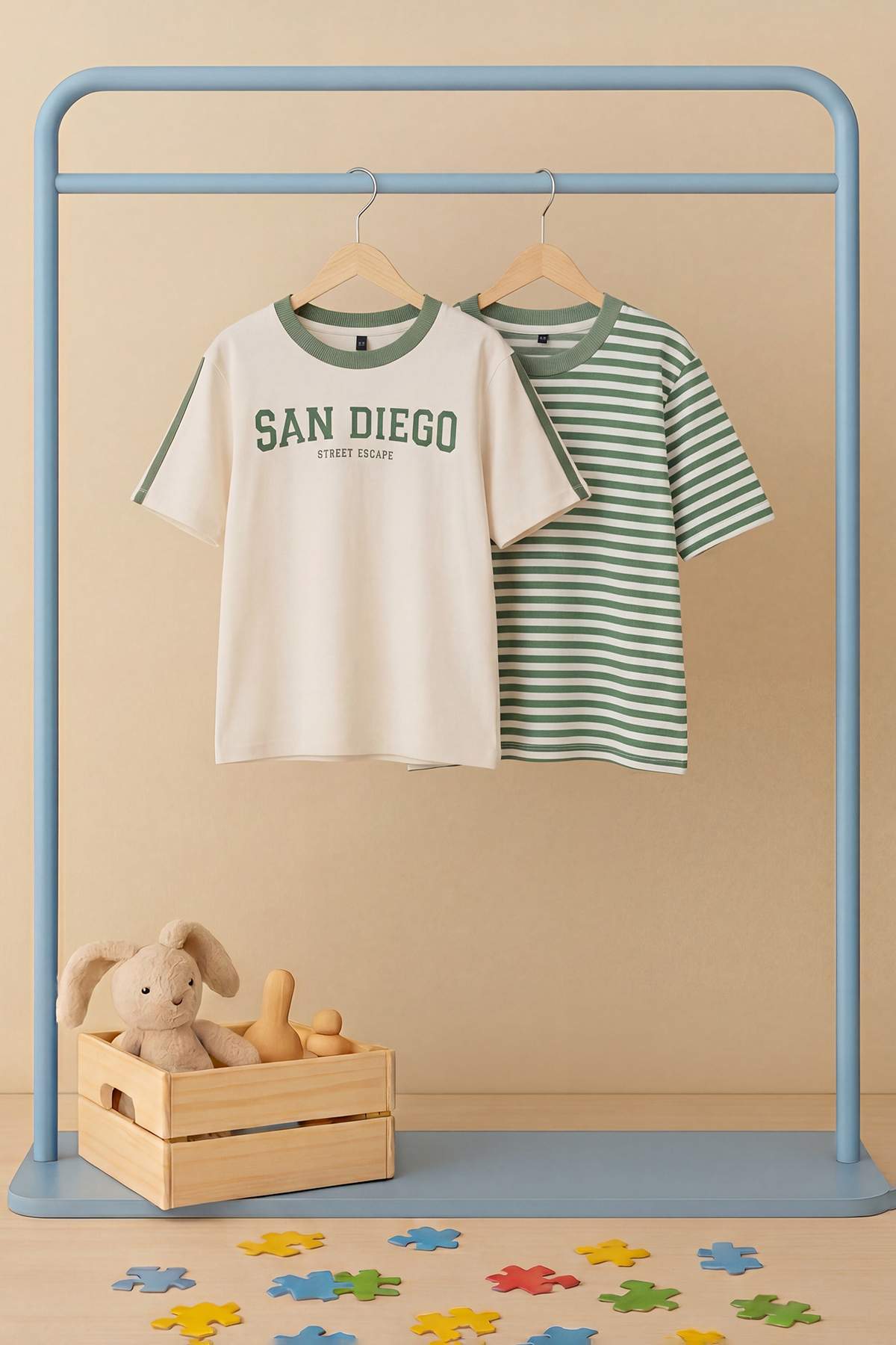 Trendyolmilla Kids Ekru-Yeşil 2'li Erkek Çocuk Çizgili Örme T-Shirt TKDSS26TS00037