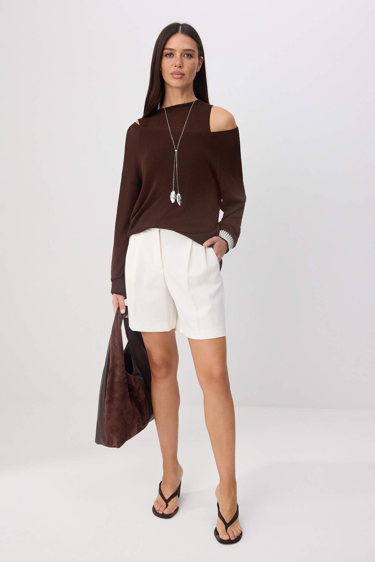 Trendyolmilla Wardrobe Essentials Ekru Kayık Yaka Oversize 2'li Atlet-Bluz Triko İnce Bluz TWOSS26BZ00283