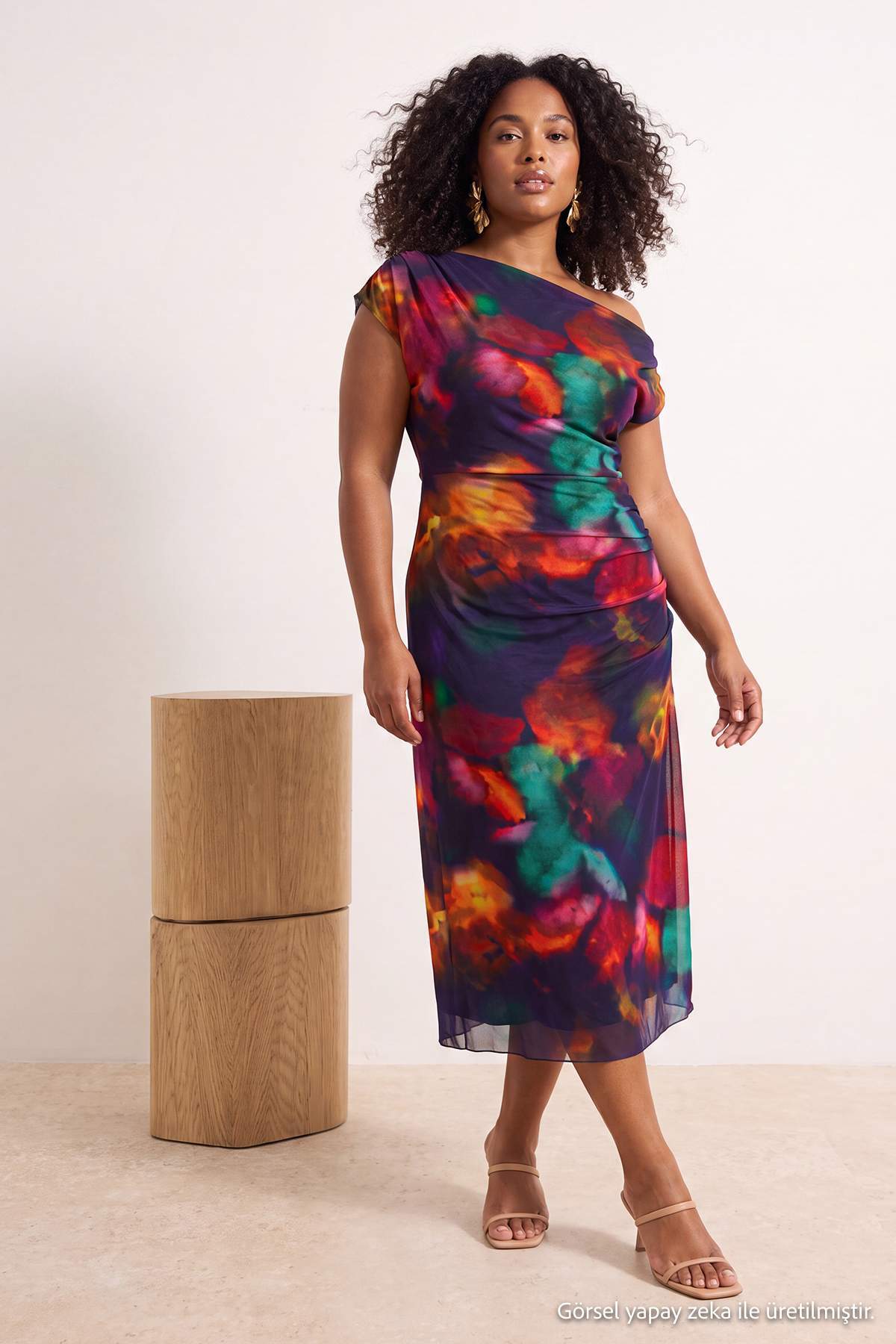 Trendyol Curve Mehrfarbiges Midi-Bodycone-Tüll-Strickkleid in Übergröße TBBSS...