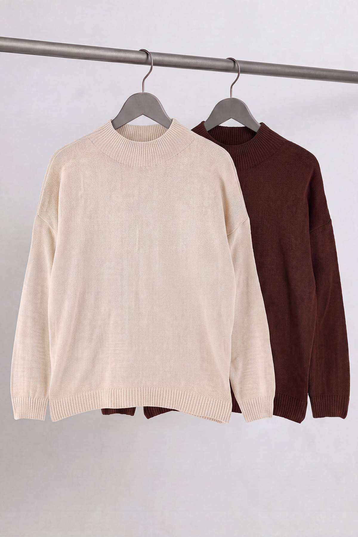 Trendyolmilla Curve Taş-Kahverengi Basic İkili Paket Triko Kazak TBBAW27AN00019