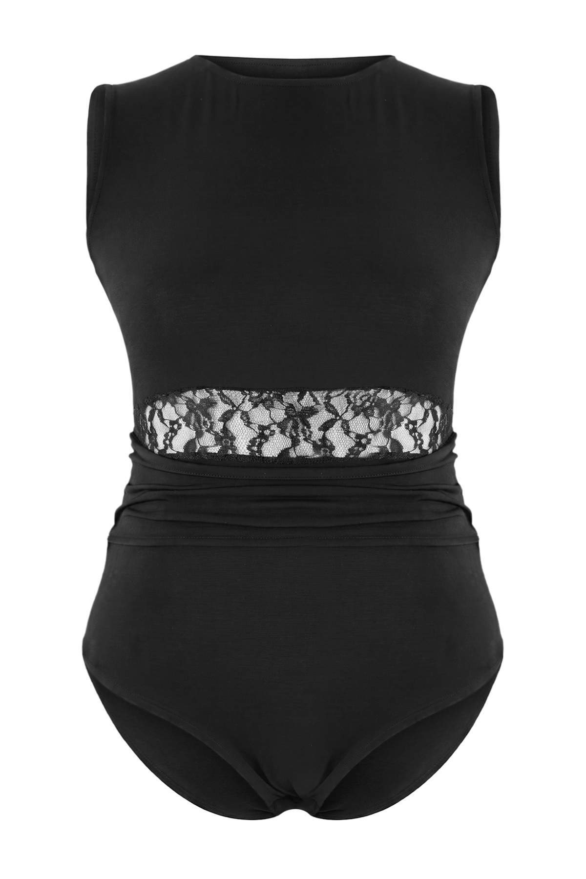 Trendyolmilla Curve Siyah Dantel Detaylı Transparan Örme Büyük Beden Body TBBSS26CS00008