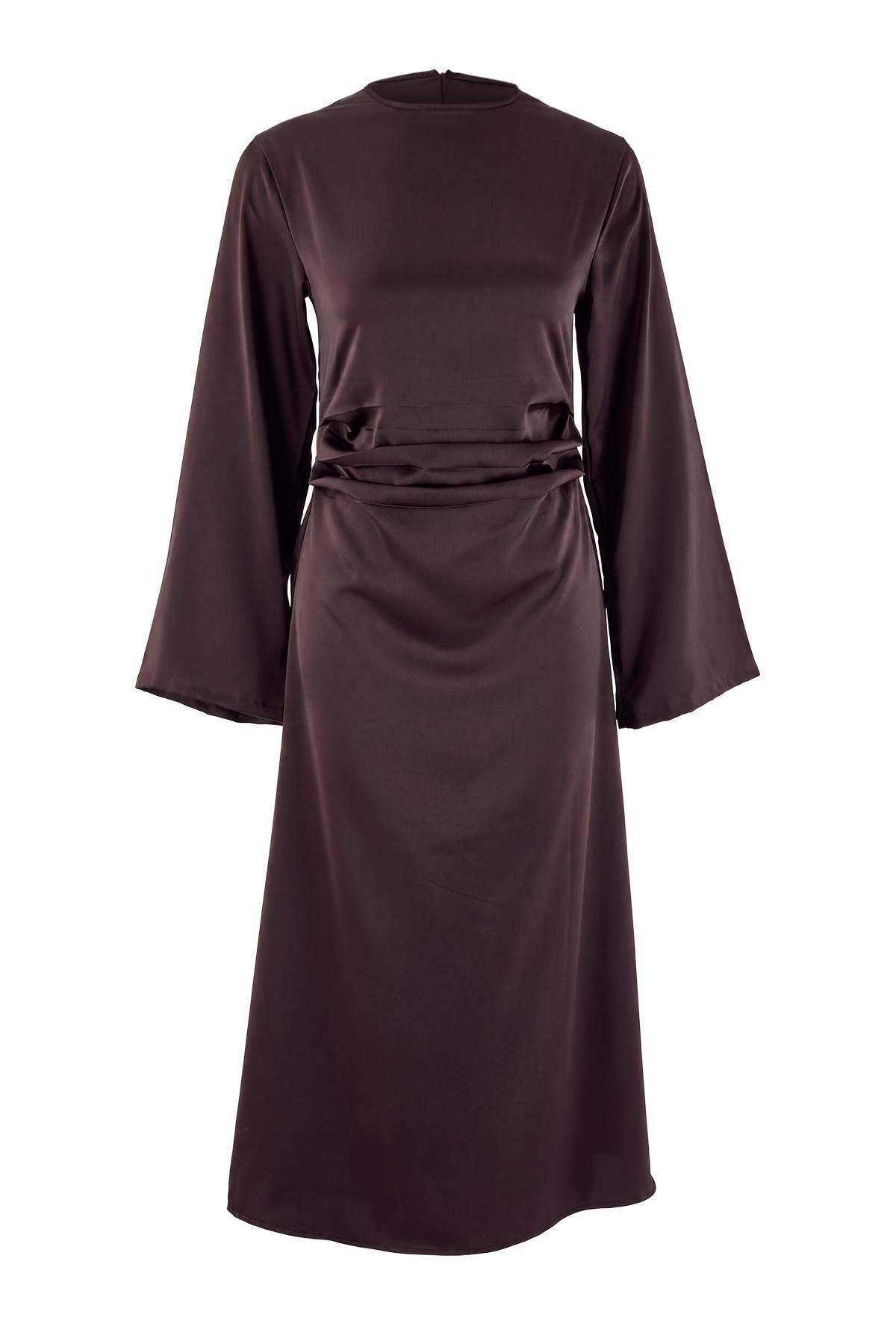 Trendyol Collection Brown Drape Detailed Shift/Straight Cut Maxi Woven Satin Evening Dress Tpraw27El00019