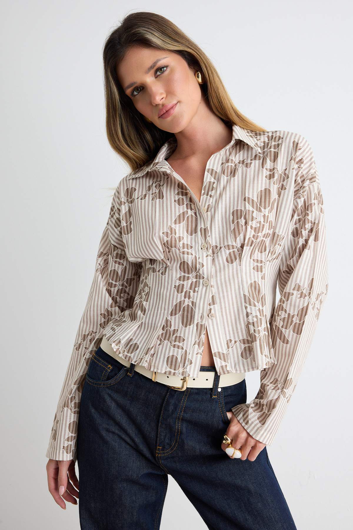 Trendyol Collection Mink Pleated Floral Shirt Twoaw27Go00071
