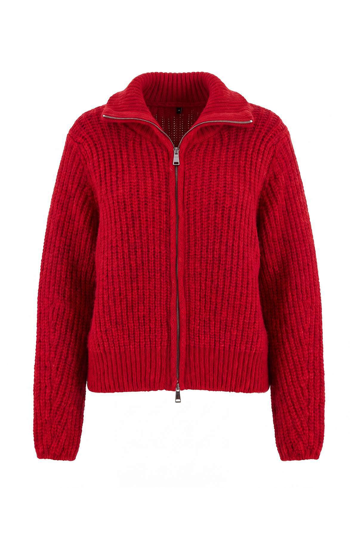 Trendyolmilla Wardrobe Essentials Kırmızı Fermuarlı Yumuşak Dokulu Geniş Kalıp Triko Hırka|TWOAW26HI00049