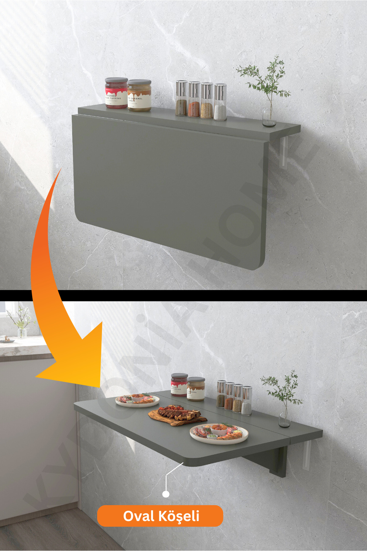 45x72 Cm Oval Cornered Anthracite Fixed Shelf Wall Mounted Crushed Folding Table