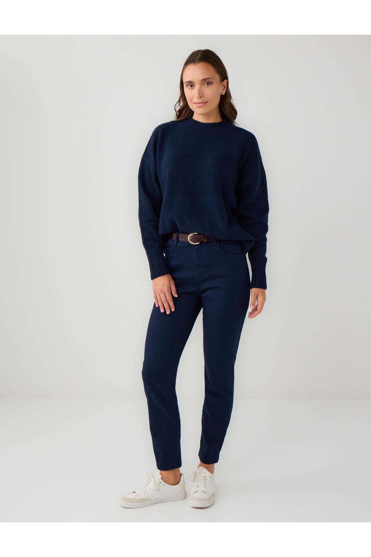 Navy Blue High Waist Regular Leg Woven Pants