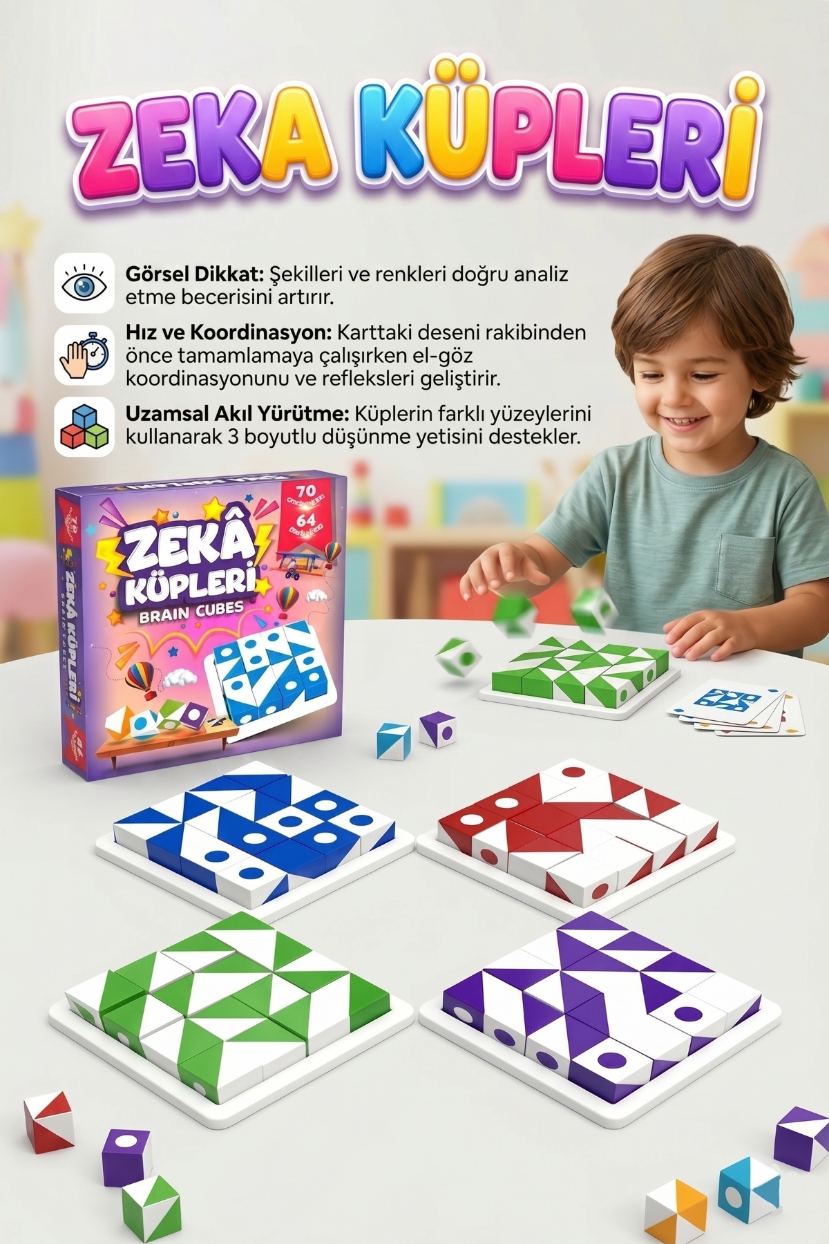 Kubix Intelligence Cubes! 70 Playing Cards and 64-Cube Mind and Logic Developer Educational Intelligence Playset