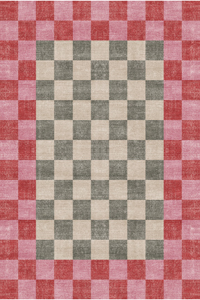 kilim home Kaymaz Tabanlı Modern Ekose Halı - Pembe Turuncu Yeşil Kareli 2296