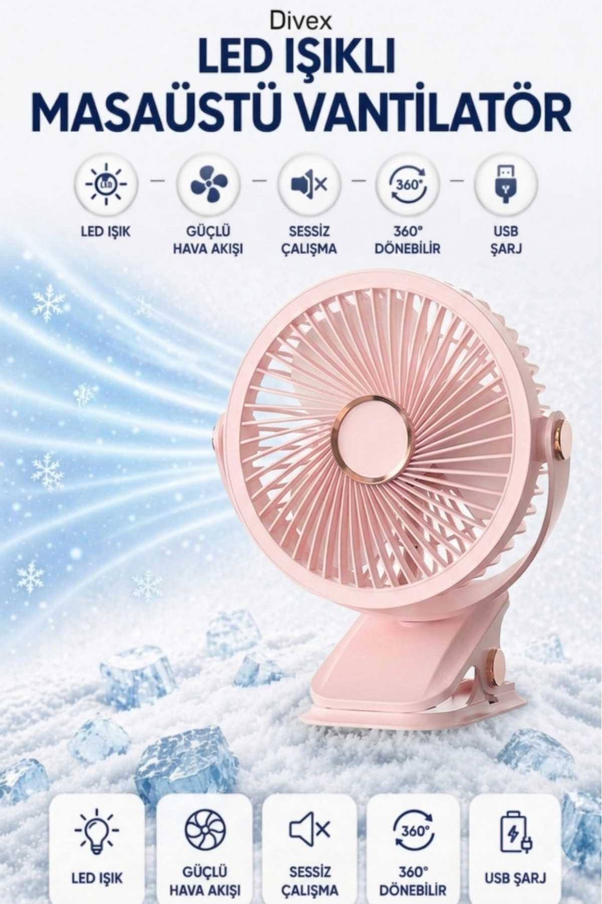 Divex Masaüstü Şarjlı 360° Dönebilen Klipsli Fan Vantilatör