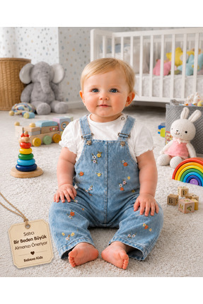 BEBEXO KIDS Renkli Çiçek Nakışlı Kot Görünümlü 2'li Kız Salopet Takım 6-9/9-1...