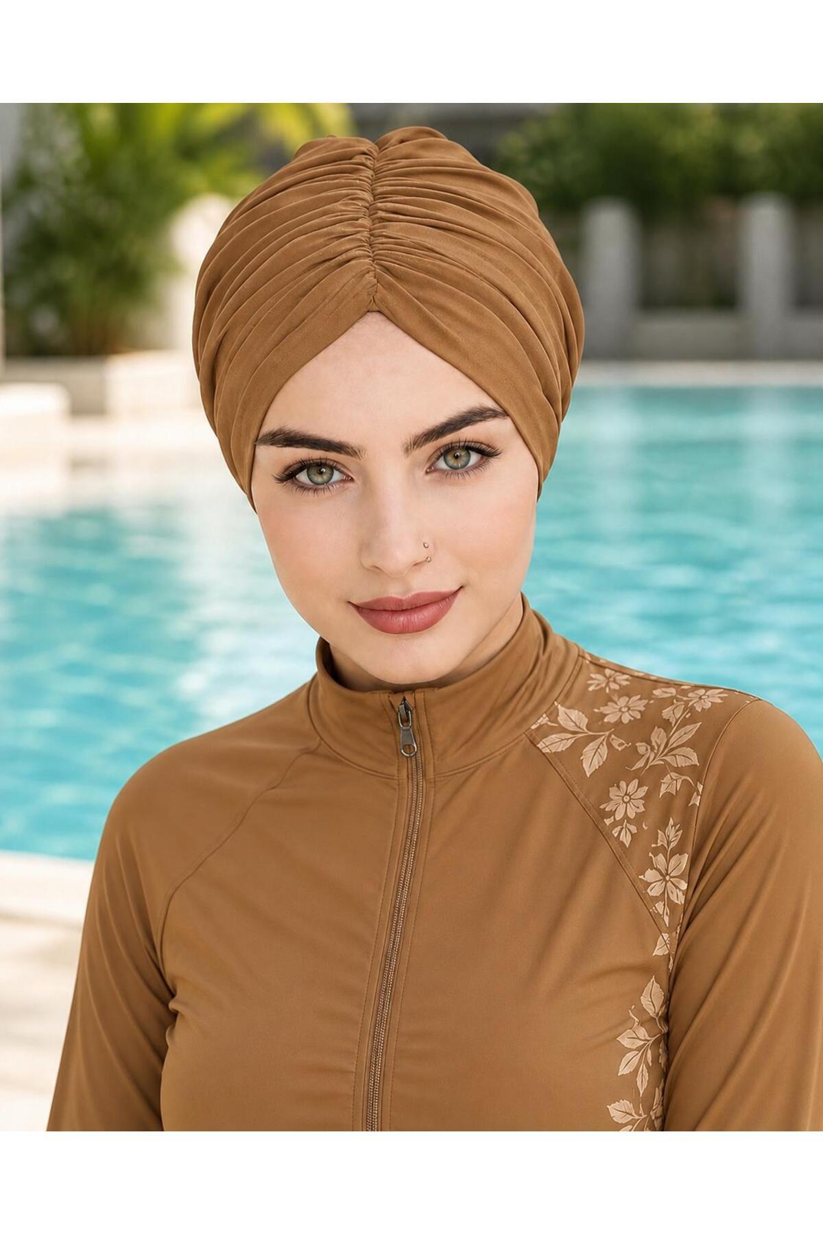 Hijab Swimming Bonnet ( sea and pool cap ) , mustard compatible with enamel and swimsuit top