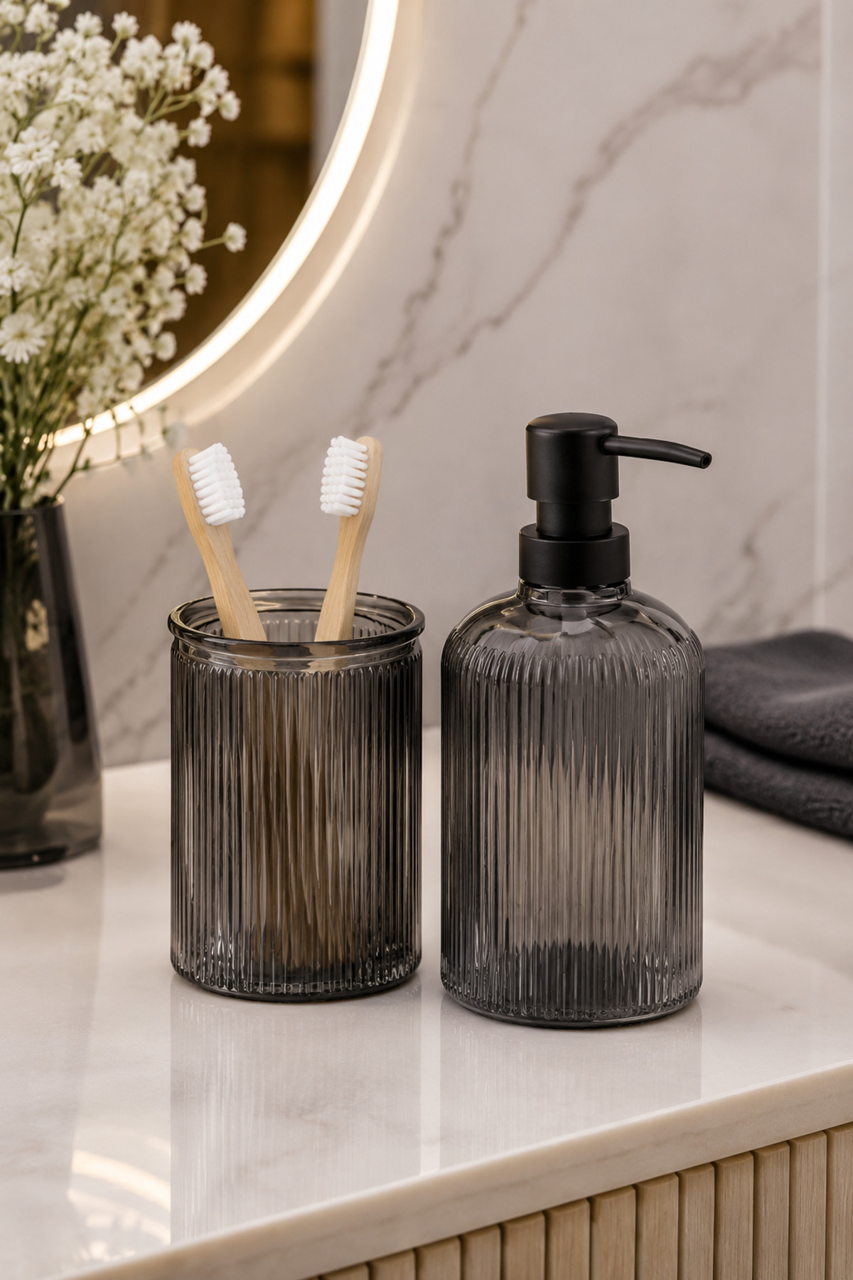 Mira Glass 2-Piece Bathroom Set- SMOKED Glass Liquid Soap Dispenser and Glass Toothbrush Holder | Decorative Bathroom Accessory Bathroom Organizer Home Hotel Premium Glass Bath Organizer Organizer Decorative Stylish Gift Glass Home Decor-