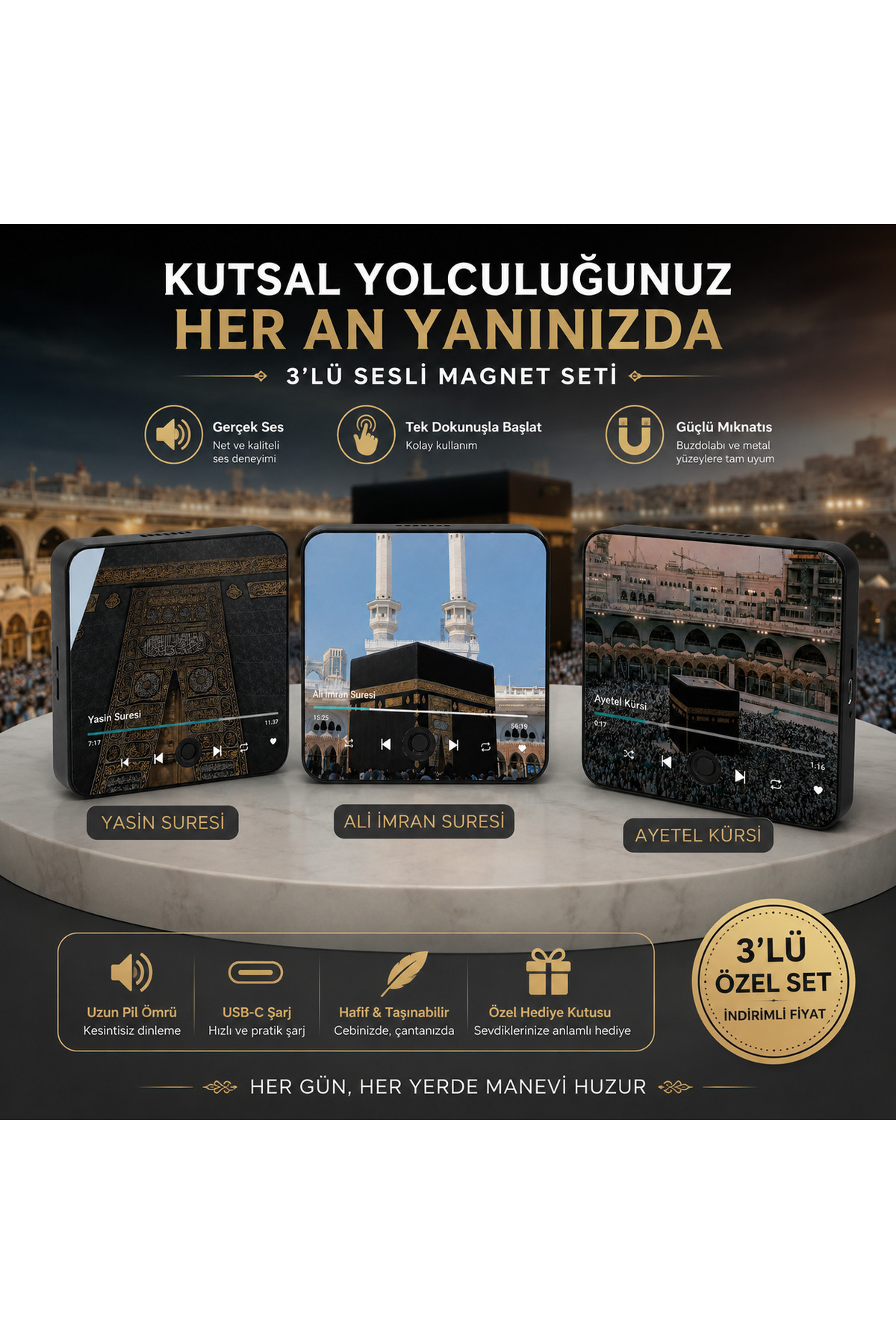 NUHA 3'lü Set Buzdolabı Magneti & Müzik Kutusu | Yasin Suresi +