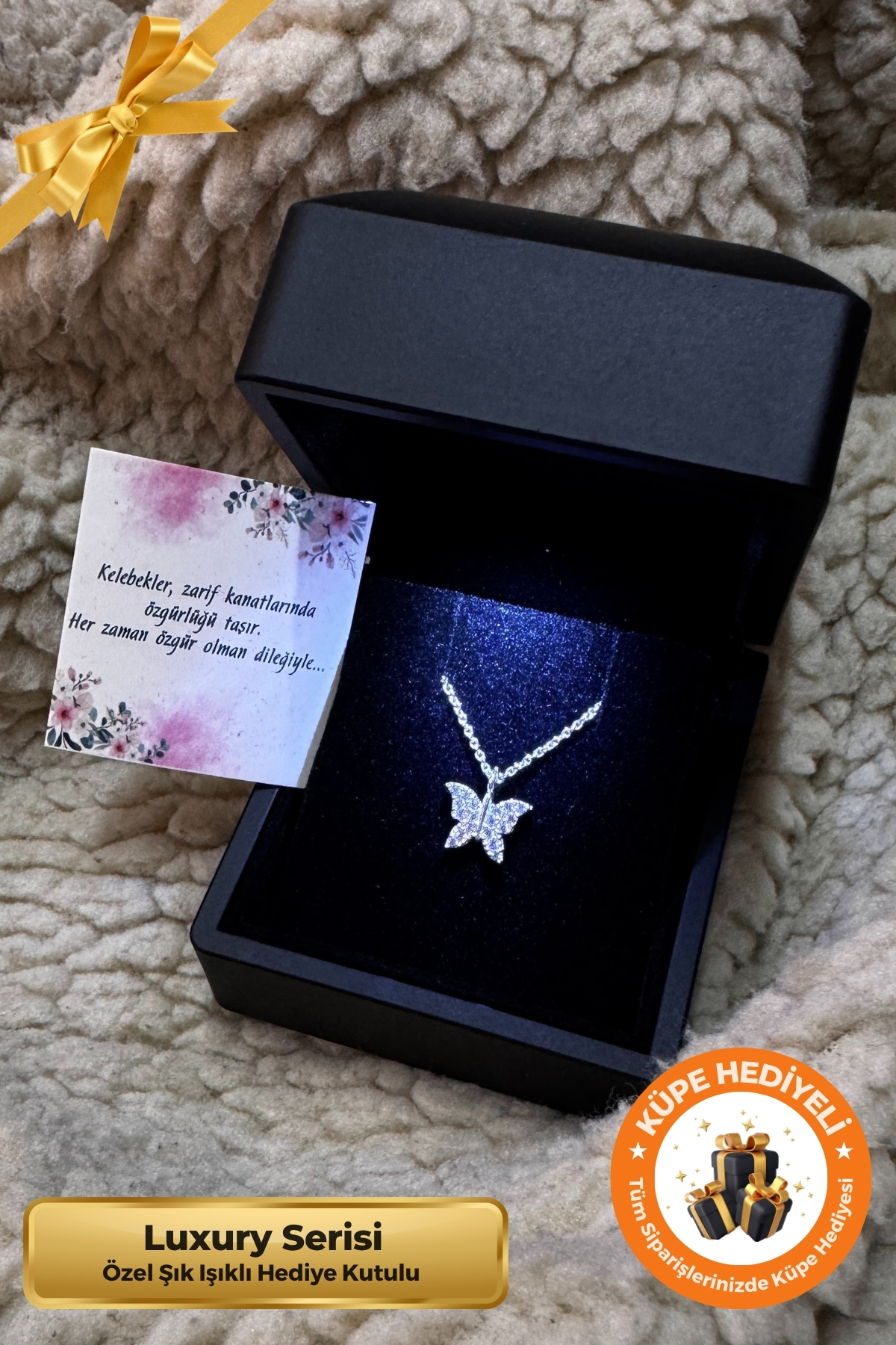 Lucente Jewellery Işıklı Hediye Kutulu Aşk Mutluluk Uğur Şans ve Zarafetin Simgesi Beyaz Taşlı Minimal Kelebek 925 Ayar Luxury Serisi Gün Hediyesi Gümüş Minik Kelebekli 45 Cm Zincirli Küpe Hediyeli Zarif Kadın Kolye