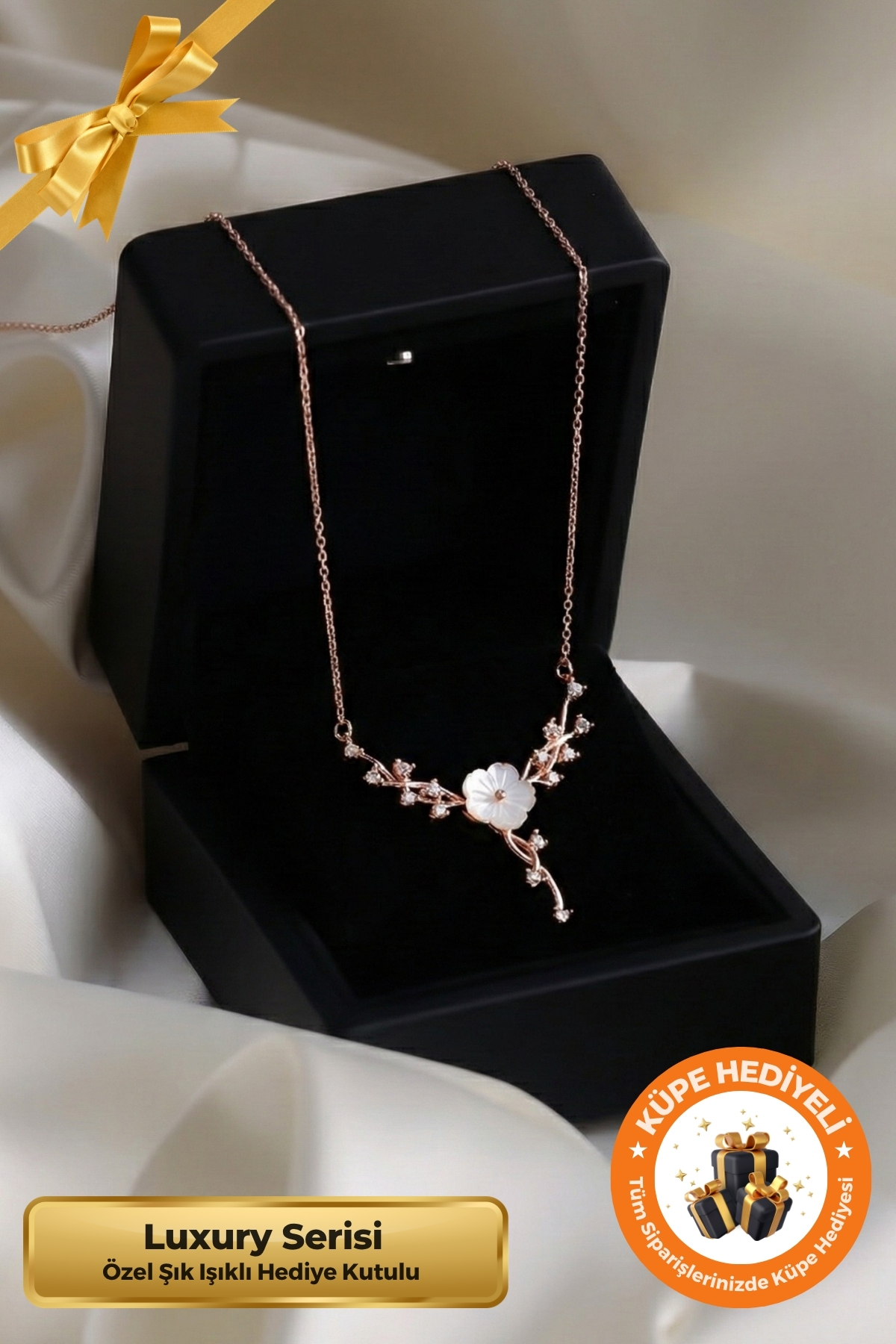 Lucente Jewellery Işıklı Hediye Kutulu Aşk Şans Bolluk Bereket ve Zarafetin Simgesi Luxury Serisi 925 Ayar Manolya Çiçeği Sarmaşık Gümüş Özel Gün Hediyesi Manolya Çiçekli 45 Cm Zincirli Küpe Hediyeli Şık Kadın Kolye
