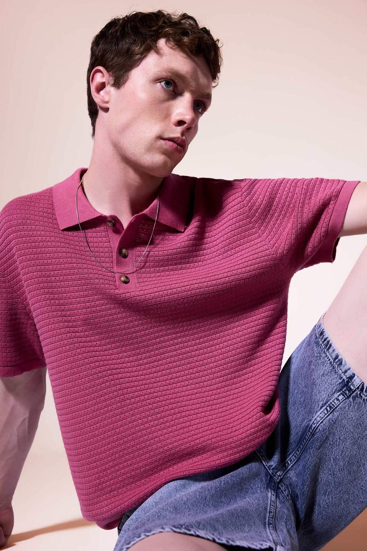 Defacto 100% Cotton Relax Fit Basic Short Sleeve Knitwear Purple Polo T-Shirt G3416Ax26Sm