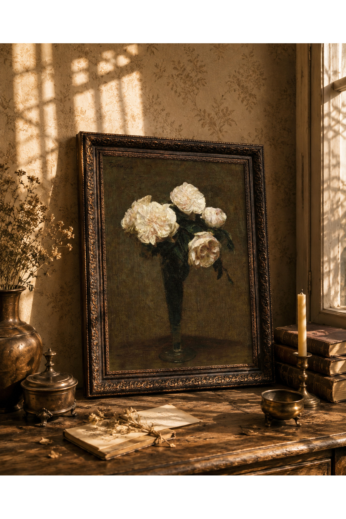 White Roses - Bronze Aged Frame