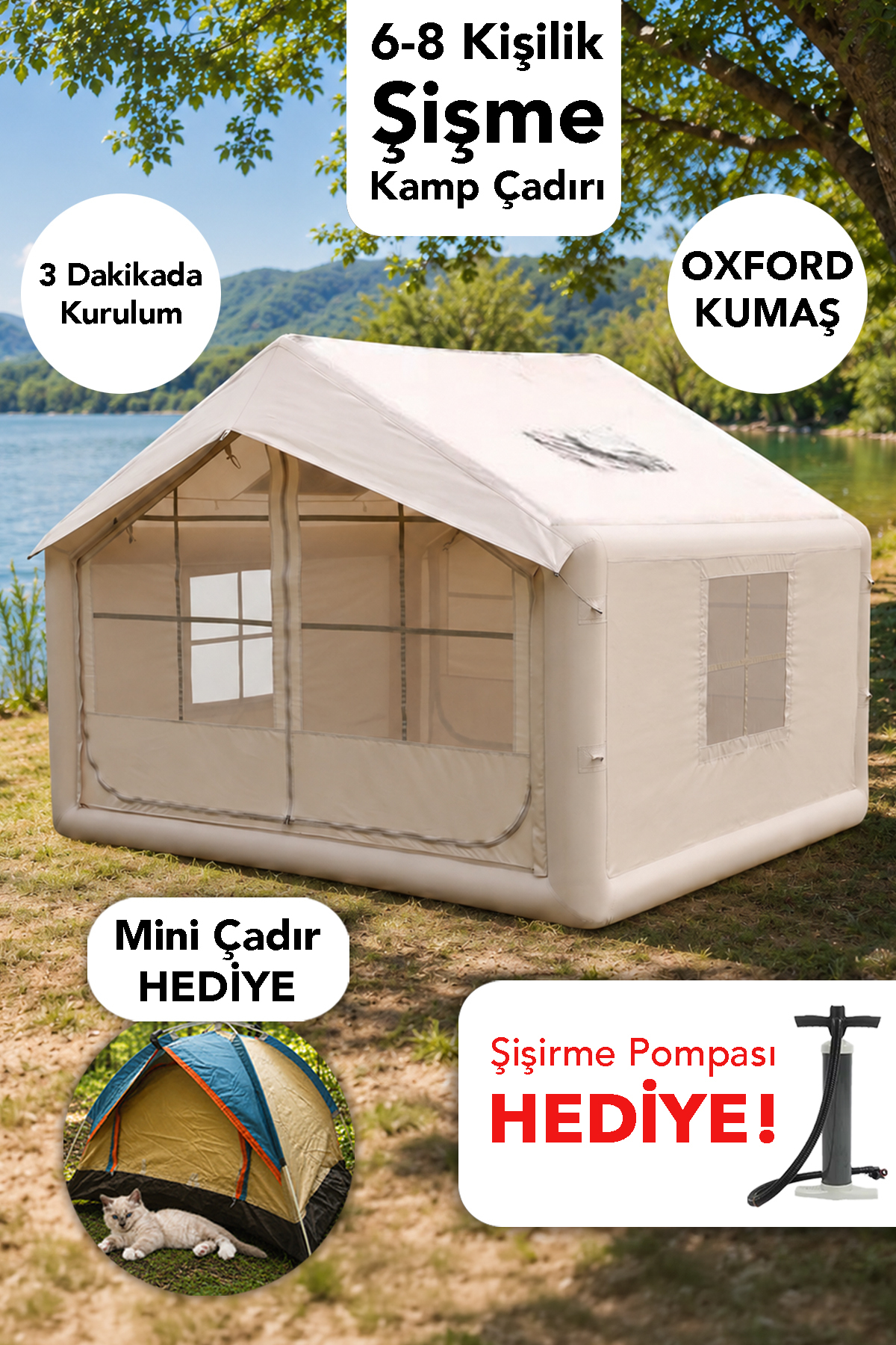 Inflatable Camping Tent for 8 People - Sun Proof Tent Quick Easy Installation Inflatable Pump Gift