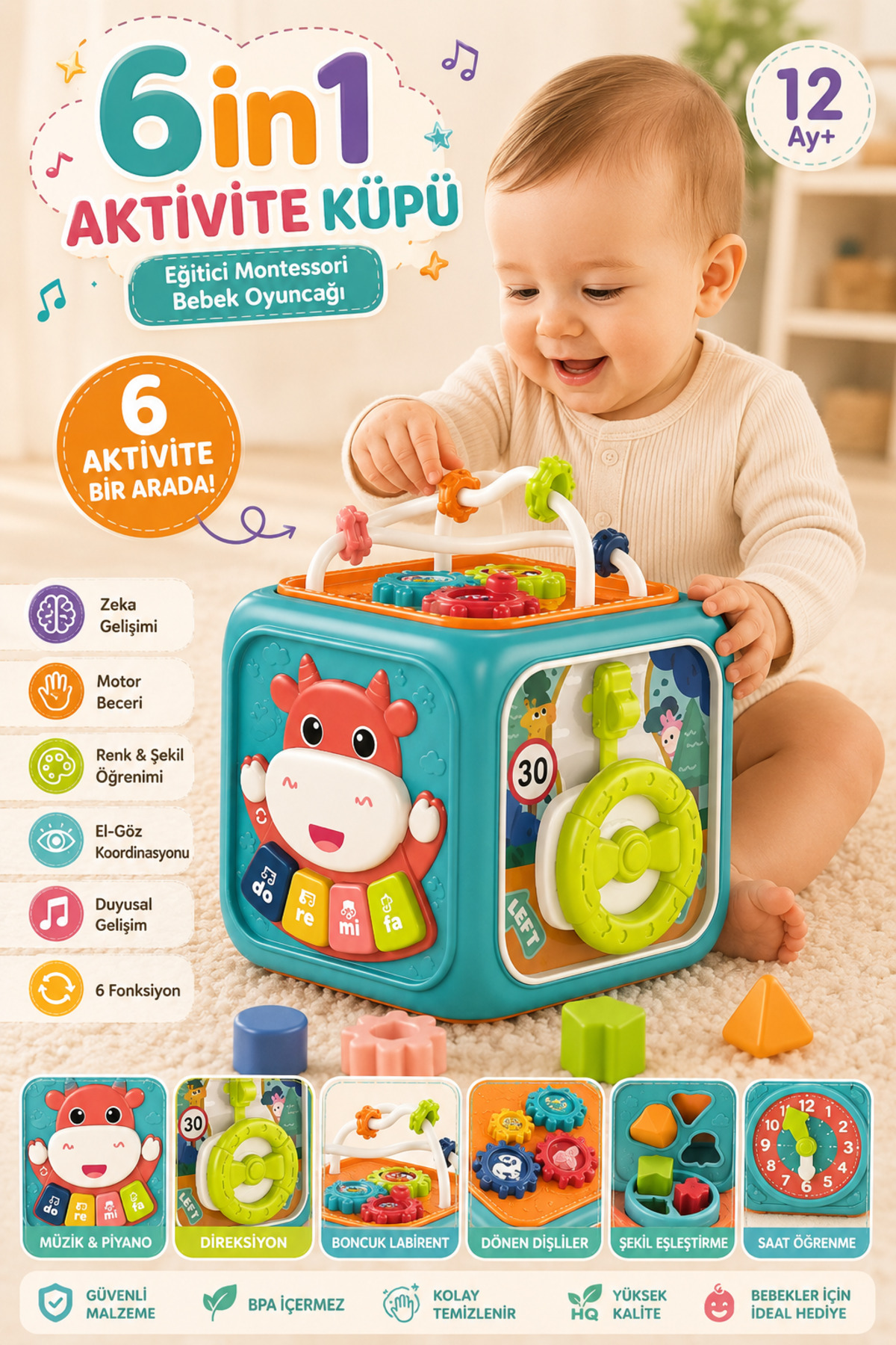 Battery Powered Educational 6in1 Activity Cube with Light and Music - Activity Educational Cube
