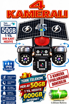 TRCharger 4 Kameralı (3 Motorlu + 1 Sabit)12MP 4G Solar Kamera AOV 7/24 Kayıt...