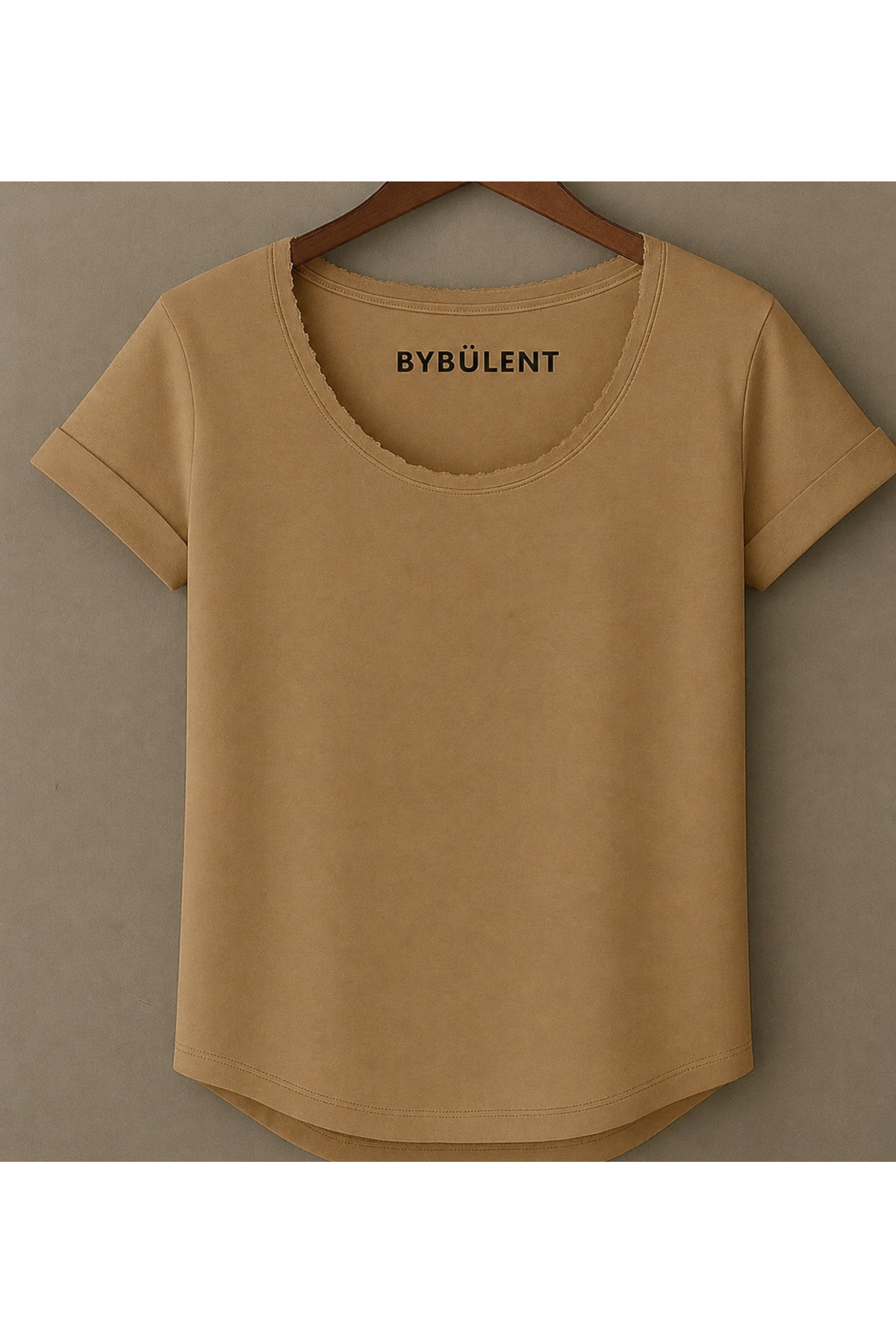 Men's Camel Slim Fit Custom Made Wide Neck Bottom Oval Cut T-Shirt