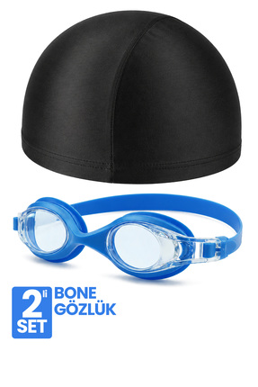 Telvesse Set Yüzücü Gözlüğü Kumaş Bone Set Yüzme Havuz Deniz Gözlüğü Mavi 4