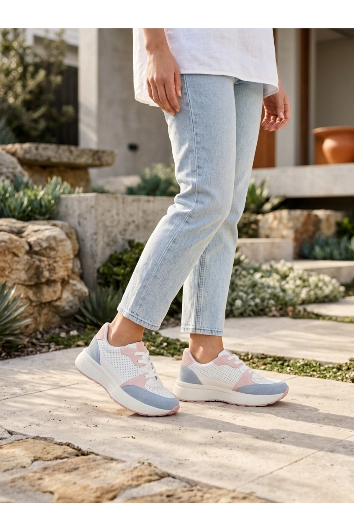 Bağcıklı Günlük Rahat Spor Ayakkabı Sneaker Mavi/Pudra