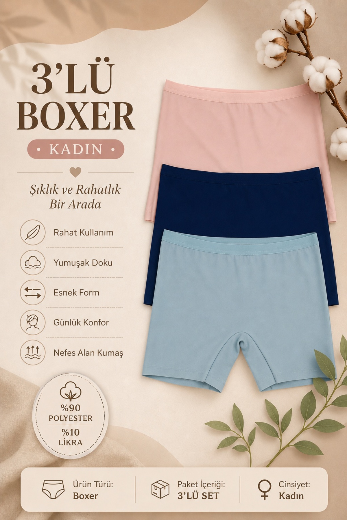 Women Laser Cut Seamless Women Boxer Briefs 3-Pack High Waist Polyester POWDER