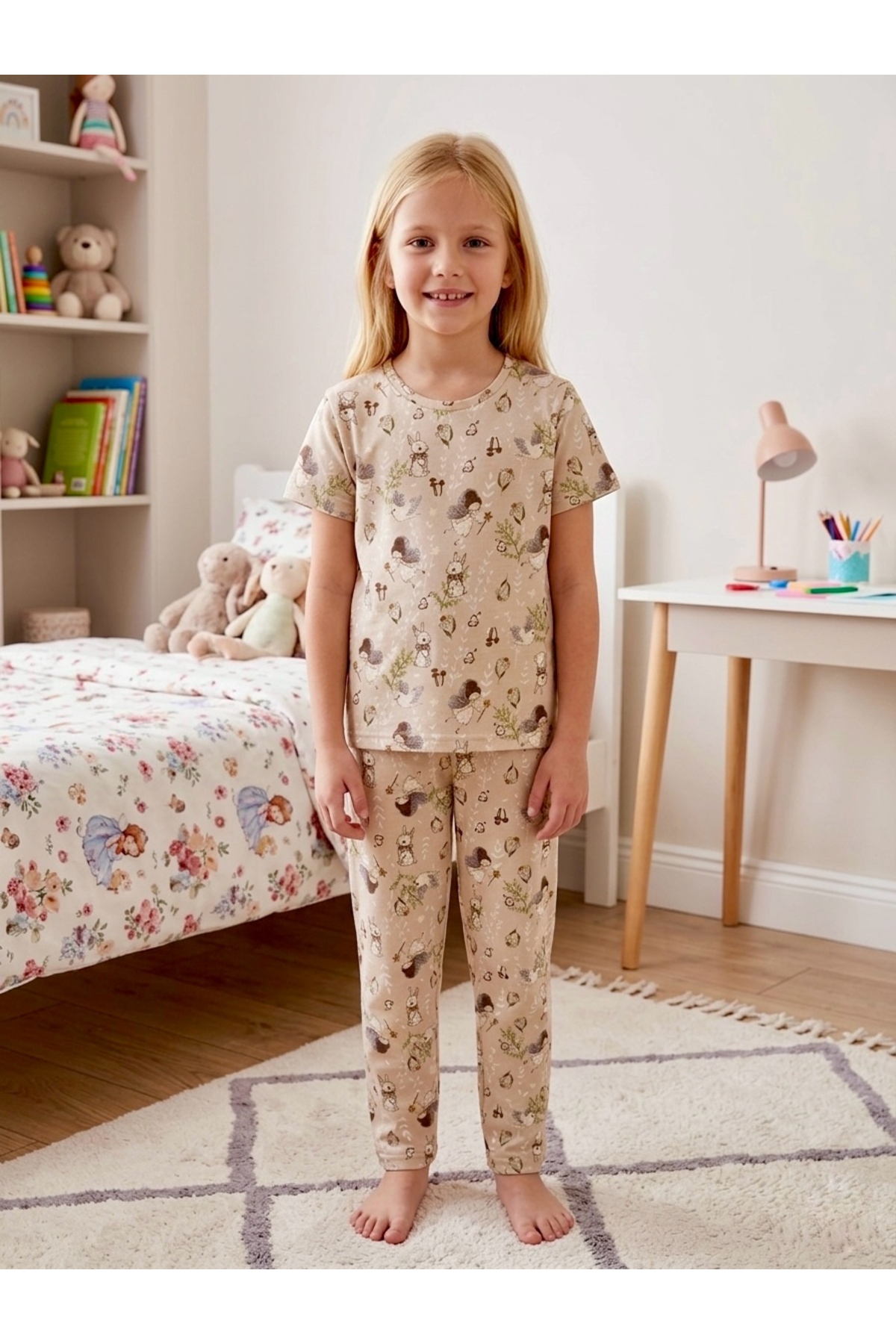 Girls Rabbit Patterned Short Sleeve Pajamas Set