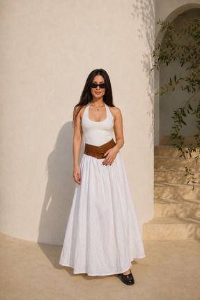 shop Kırışık Model Kadın Beyaz Vual Kumaş Beli Lastikli Uzun Astarlı Etek