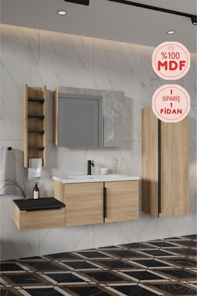 BALNEOM Zakkum 120 Cm %100 Mdf Lavabolu Banyo Dolabı Dolaplı Aynalı Üst Dolap...