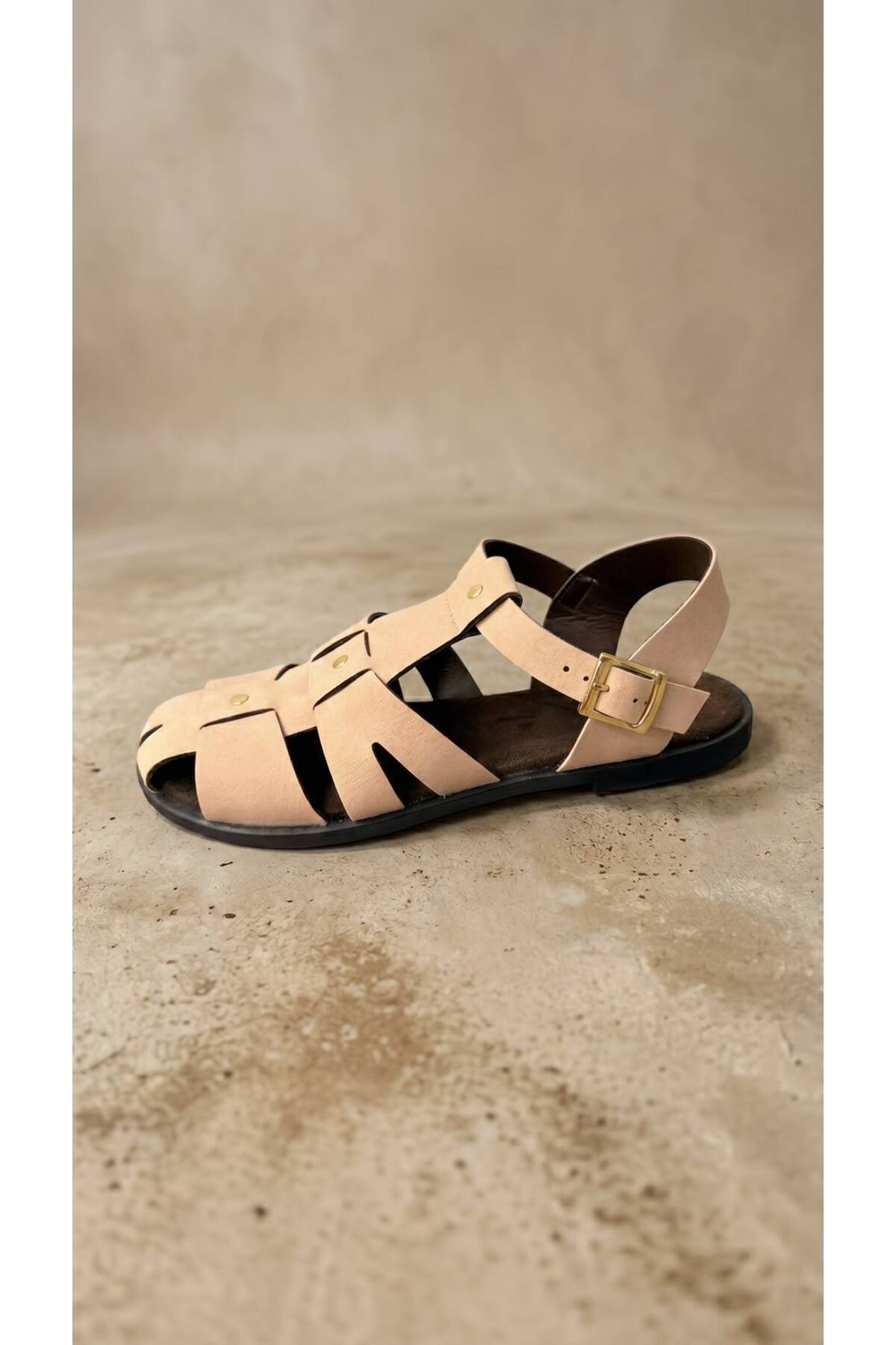 Beyond Kadın Bej Bantlı Tokalı Kafes Model Süet Sandalet 1.5cm BYNDSK107 görsel 8