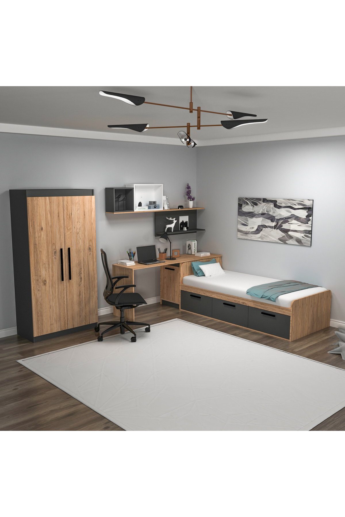 Akser Young Room Set Atlantic Pine Anthracite | Wardrobe, Desk, Bedstead and Wall Shelf Set of 4