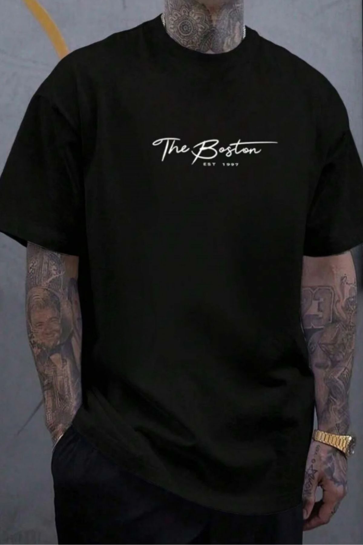 T-shirt- THE BOSTON Printed Oversized Crew Neck Short Sleeve T-Shirt